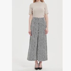 Tronjori Women High Waist Wide Leg Long Palazzo Pants, Checkered, Size L